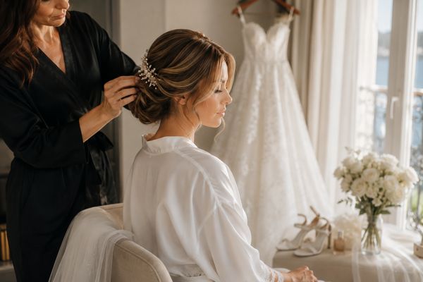 Bridal hairstyling at home before the ceremony